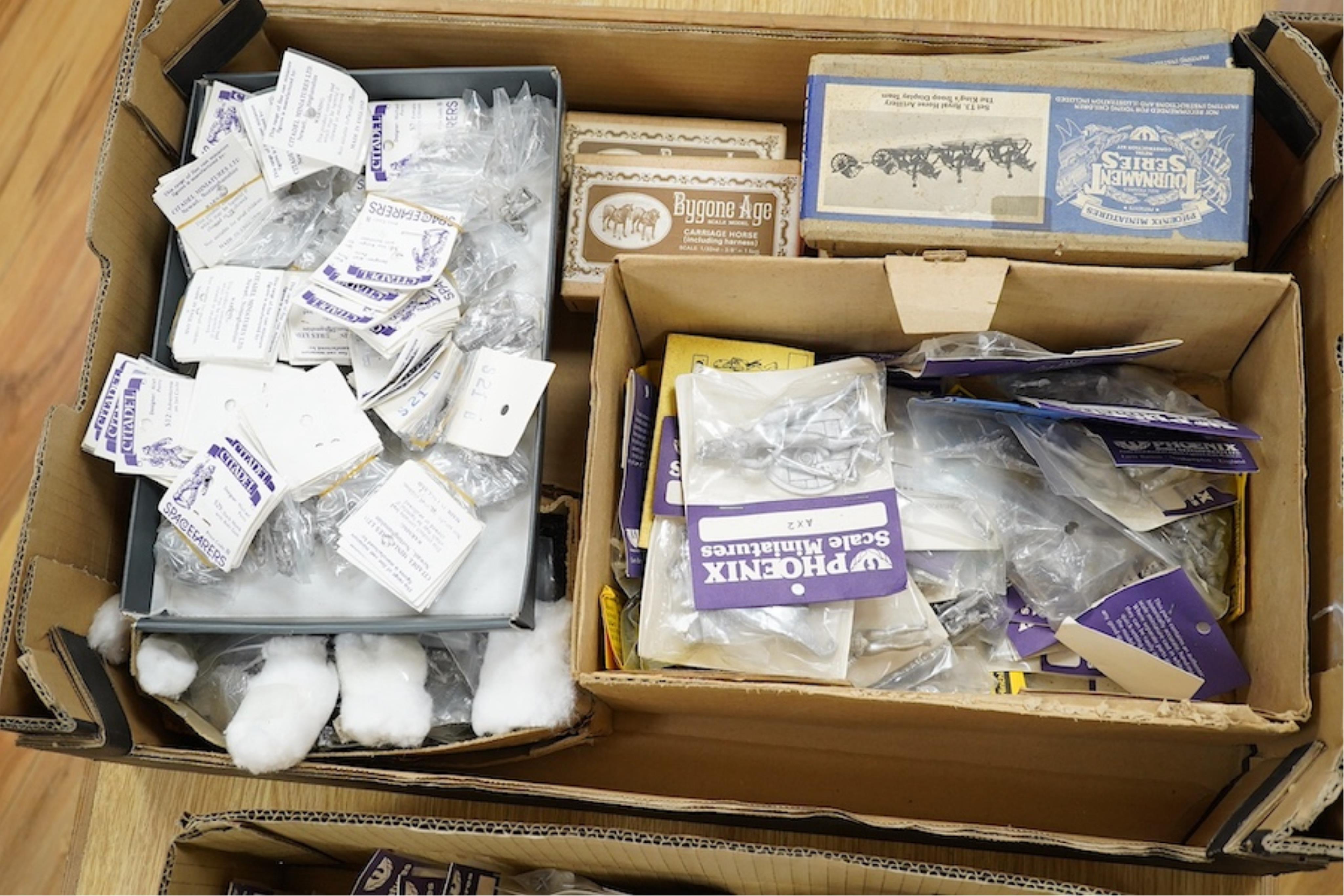 A collection of boxed and packeted white metal models and kits intended for dioramas and war gaming, by manufacturers including; Citadel Miniatures (Games Workshop), Bygone Age, Phoenix Scale Miniatures, etc. in a variet